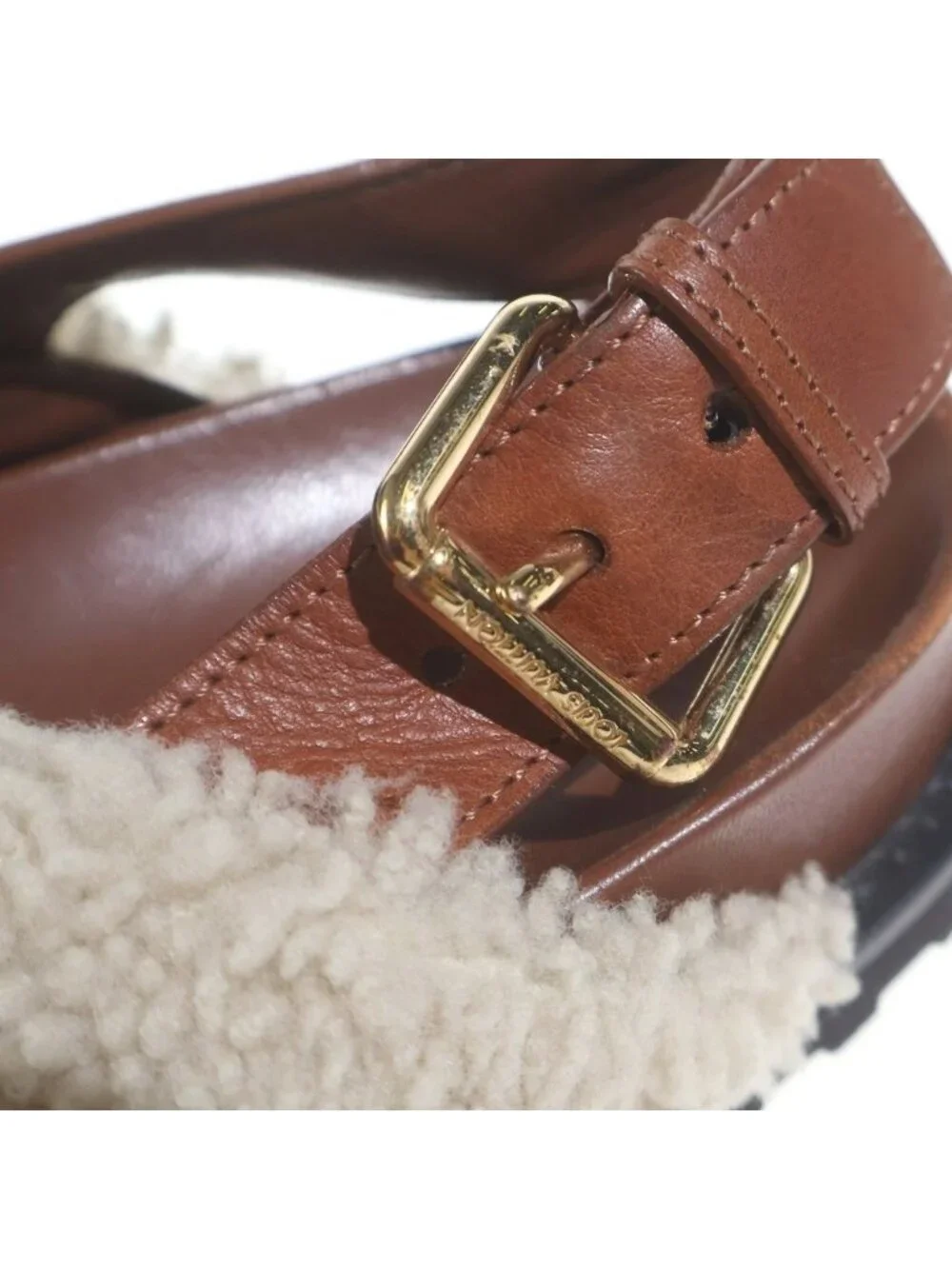 Louis Vuitton Paseo Line Monogram Fleece Shearling Leather Flat Sandals Shoes